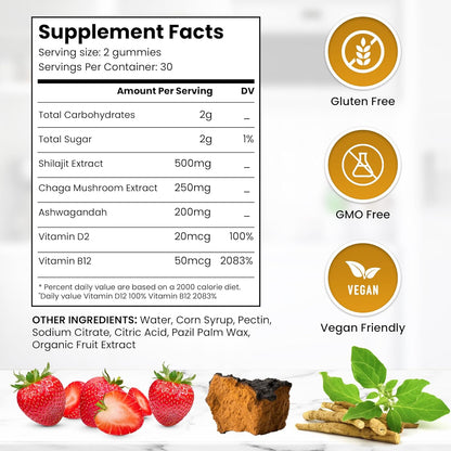 Shilajit Gummies, with Ashwagandha & Chaga, Strawberry Flavour, Rich in Fulvic Acid, Supports Immune System & Vitality, Vegan, Gluten Free, 60 Gummies