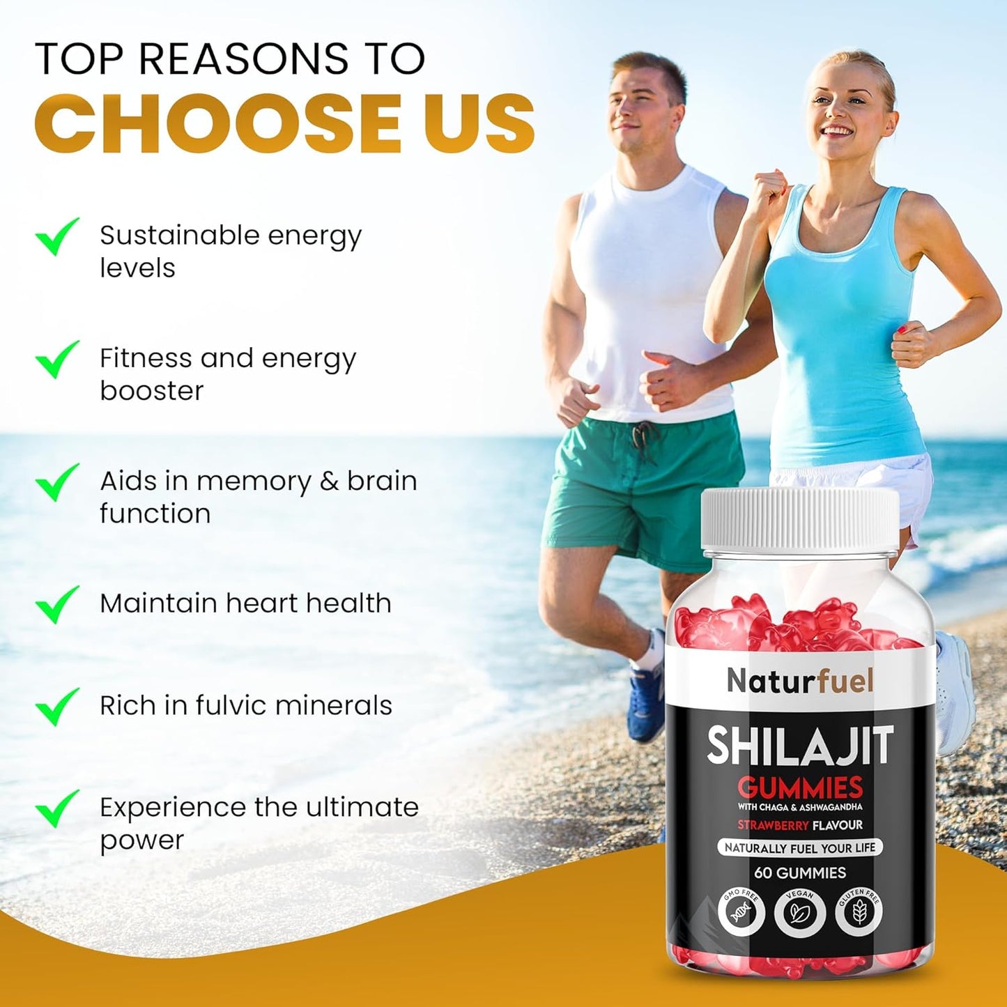 Shilajit Gummies, with Ashwagandha & Chaga, Strawberry Flavour, Rich in Fulvic Acid, Supports Immune System & Vitality, Vegan, Gluten Free, 60 Gummies