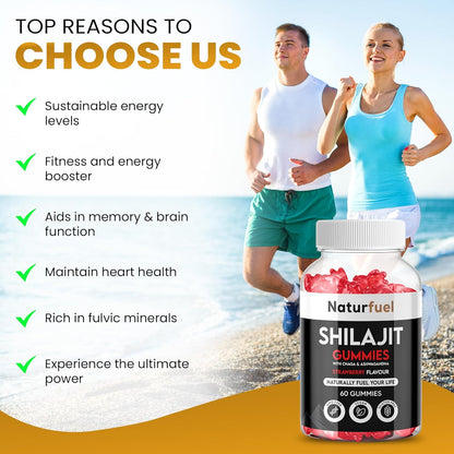 Shilajit Gummies, with Ashwagandha & Chaga, Strawberry Flavour, Rich in Fulvic Acid, Supports Immune System & Vitality, Vegan, Gluten Free, 60 Gummies